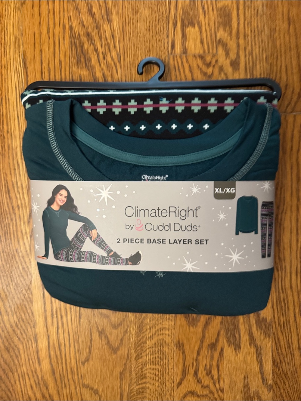 Cuddl Duds Women's 2-Piece Base Layer Set - Teal with Patterned Leggings size XL